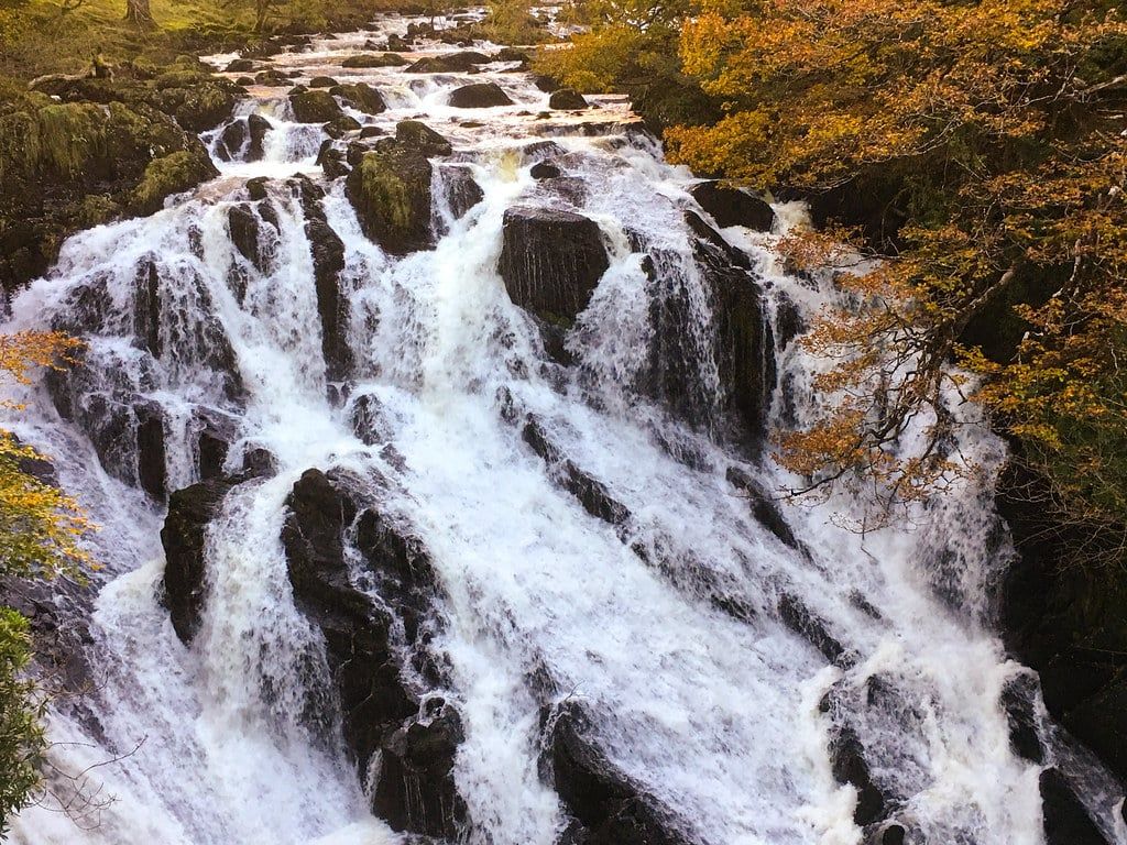 L'eau cascade sur les gradins rocheux des Swallow Falls sur la rivière Llugwy près de Betws-y-Coed, à Snowdonia.